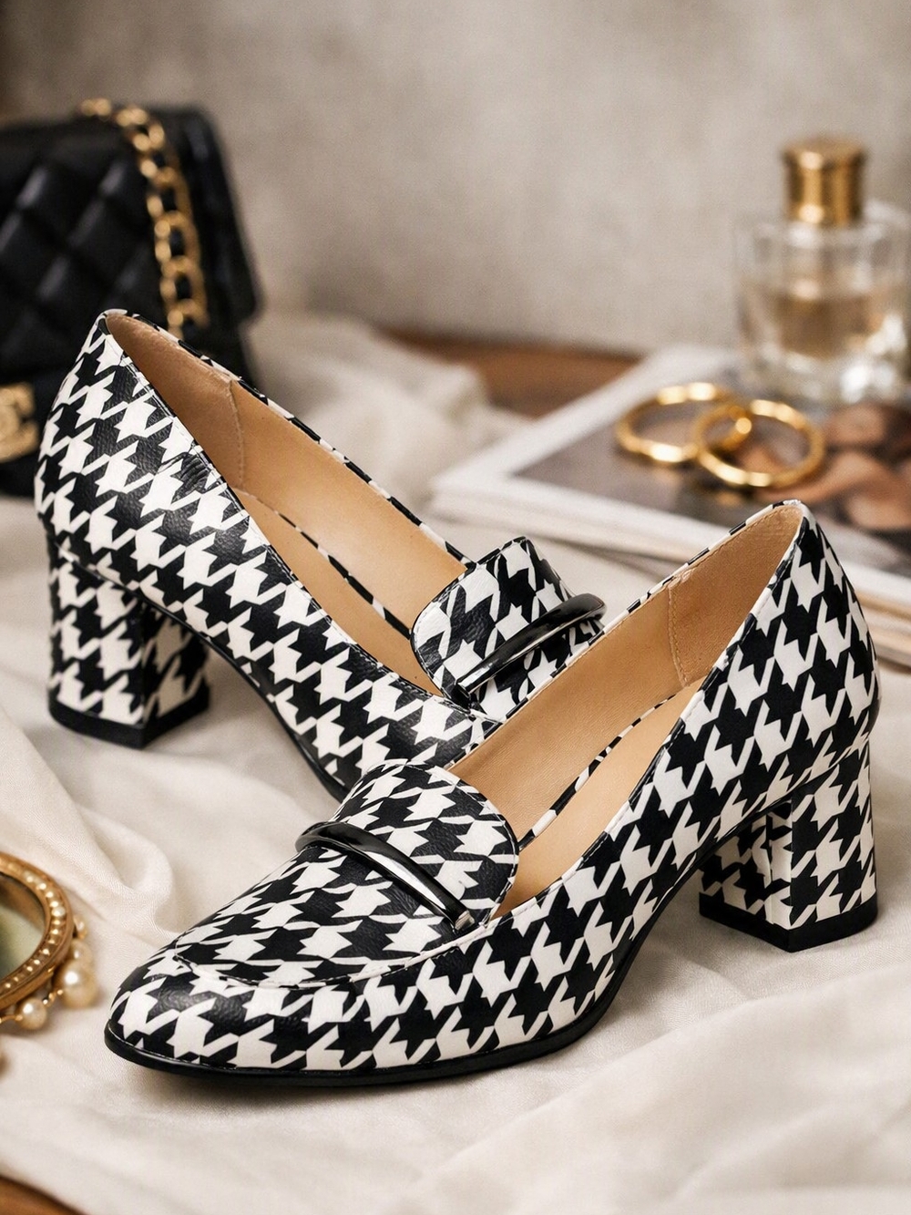 Black & White Houndstooth Block Heel Loafers - Women